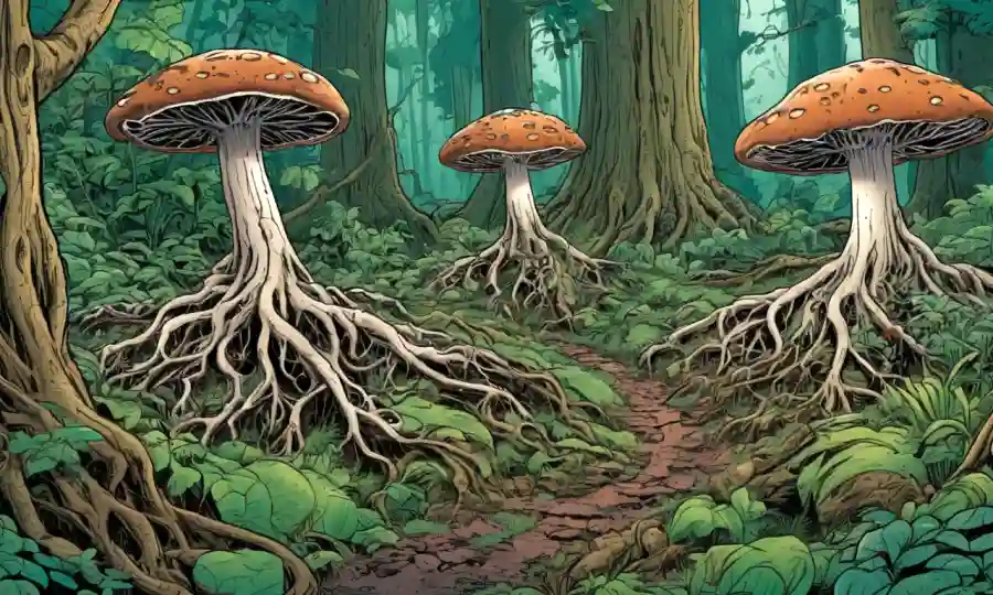 Fungi que conecta las raíces de los árboles en medio de vegetación, mostrando redes microbianas.