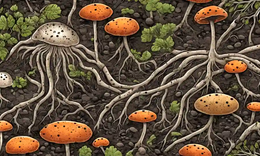 Redes fúngicas ilustradas bajo la superficie del suelo, enfatizando relaciones simbióticas con raíces vegetales y microorganismos variados.