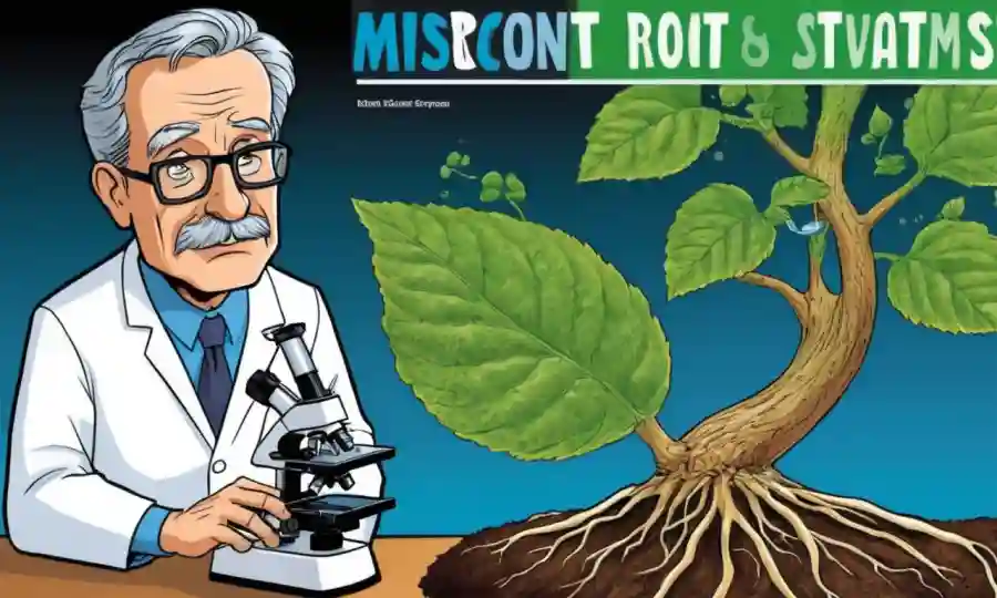 Un científico examinando un sistema de raíz de planta junto a una diapositiva de título con gráficos e imágenes del microscopio.