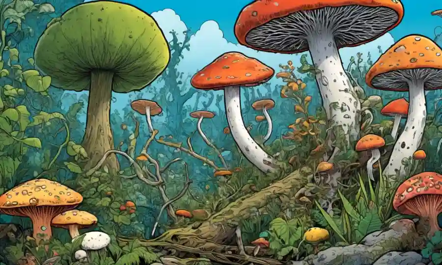 Ilustración de plantas y hongos interconectados en un ecosistema diverso.