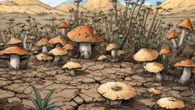 Tierra seca y agrietada con hongos que luchan por crecer en medio de plantas marchitas.