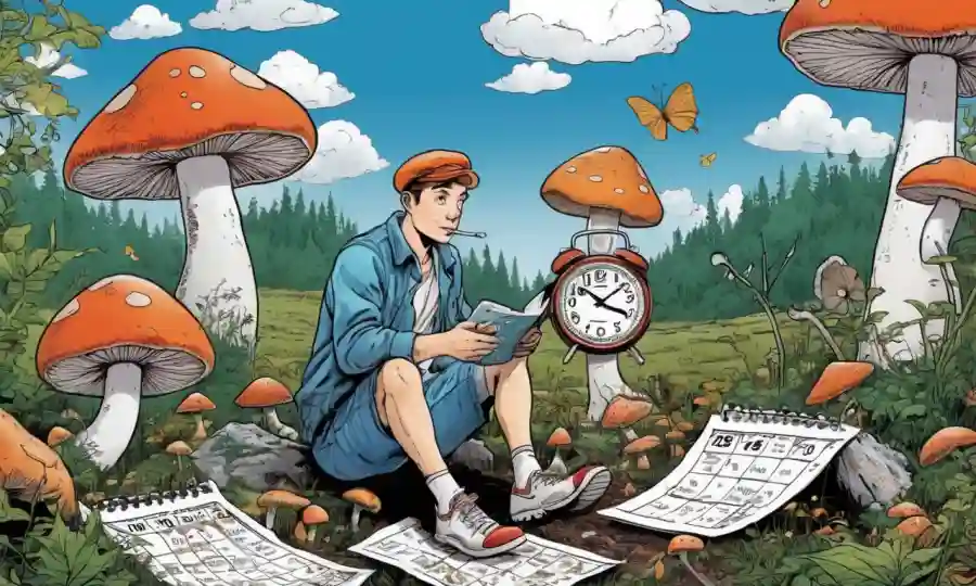 Persona sentada en la naturaleza, rodeada de hongos, con reloj y calendario distorsionado.