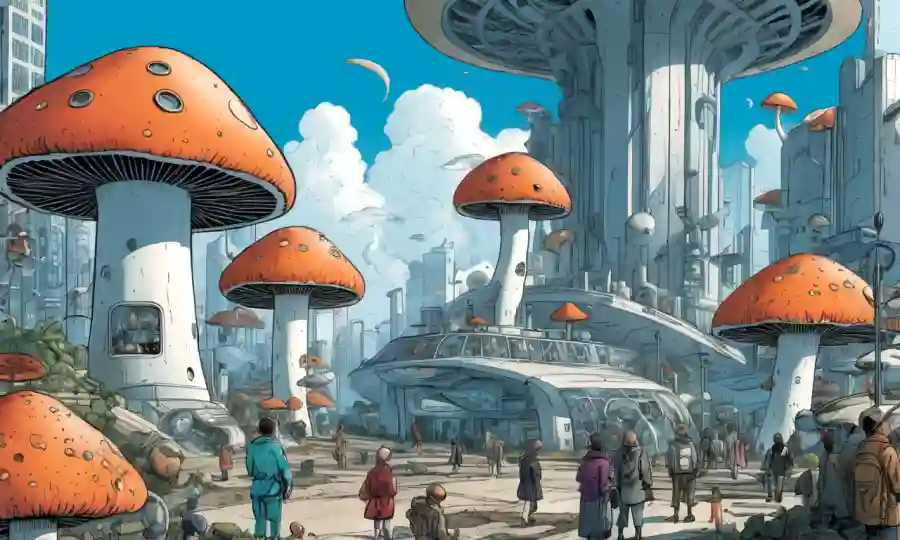 Un futurista paisaje urbano con hongos emergiendo de dispositivos de mantenimiento del tiempo y la gente observando.