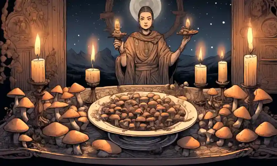 Una persona que sostiene un plato de setas delante de un altar iluminado por velas, con páginas antiguas y símbolos místicos que los rodean.