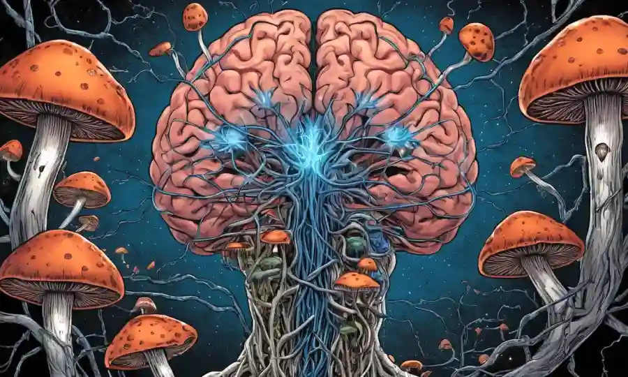 Un cerebro rodeado de extractos de hongos y conexiones neuronales, representando el impacto de compuestos en la identidad cognitiva.