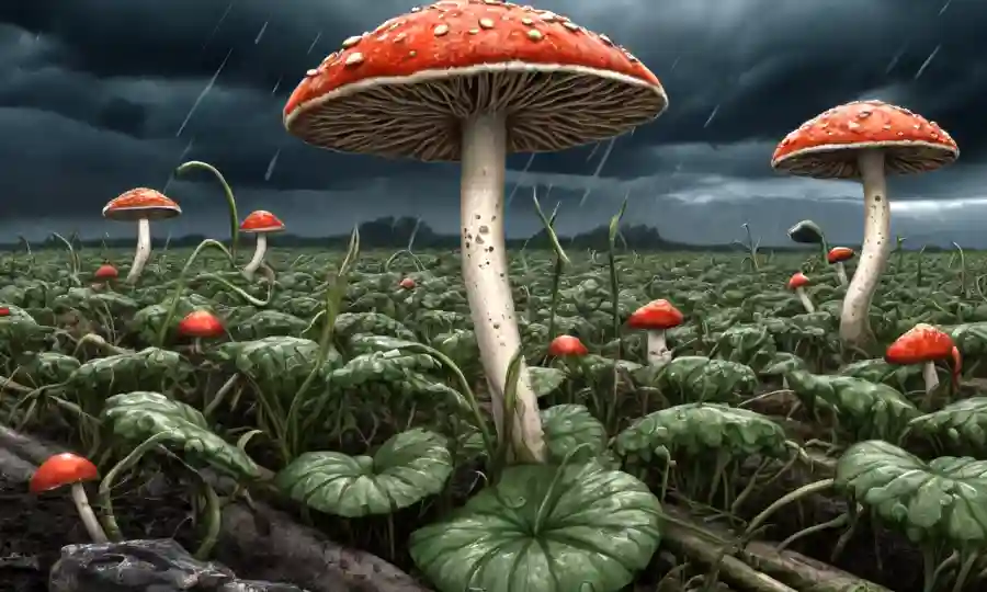Fungi creciendo en medio de cultivos dañados en medio de un fondo tormentoso, destacando el impacto humano.