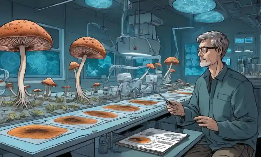 Un micólogo analizando muestras de hongos en un laboratorio futurista en medio de datos y diagramas del cambio climático.