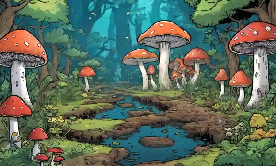 Imagen del ecosistema de hongos con especies variadas y elementos de impacto ambiental.