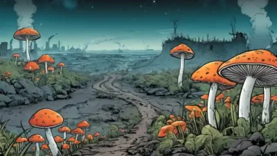 Imagen de hongos creciendo cerca de la contaminación afecta paisaje con gráficos ambientales sutiles.