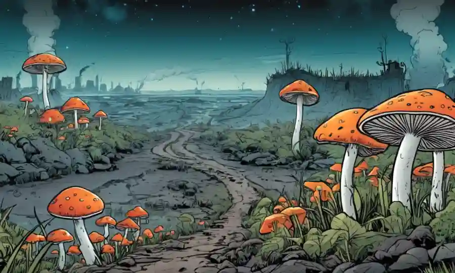 Imagen de hongos creciendo cerca de la contaminación afecta paisaje con gráficos ambientales sutiles.
