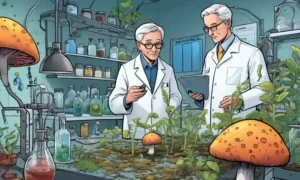 Científicos que examinan hongos y plantas en un laboratorio en medio de visualizaciones de datos del cambio climático.