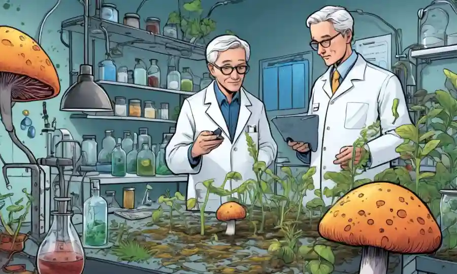 Científicos que examinan hongos y plantas en un laboratorio en medio de visualizaciones de datos del cambio climático.