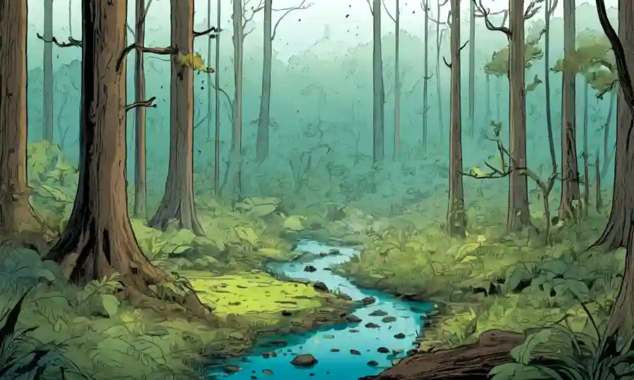 Un ecosistema forestal se superpone conceptualmente con niveles de humedad e indicadores del cambio climático.