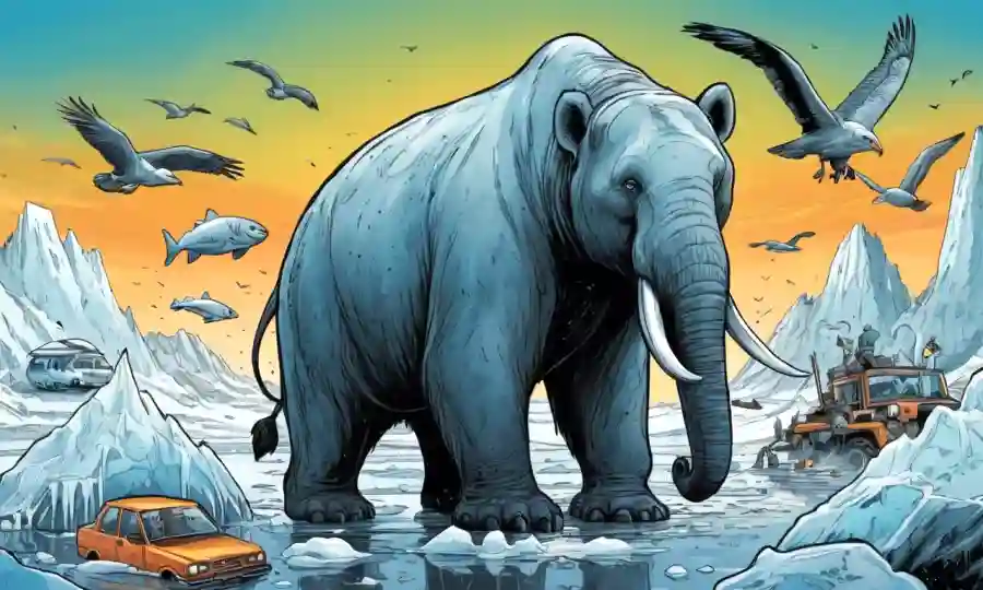 Ilustración de especies en peligro rodeadas de polución y derretido de capas de hielo.