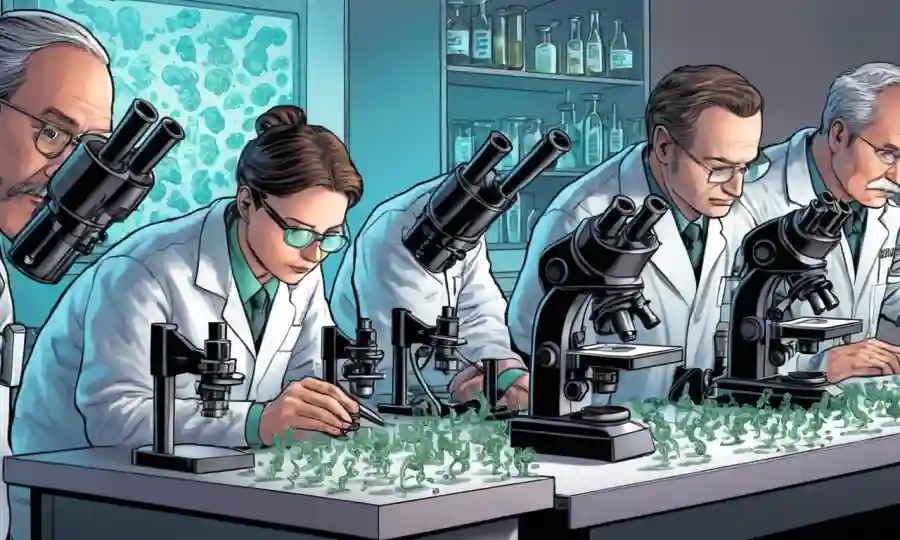 Investigadores en microscopios en un laboratorio con imágenes de organismos pequeños.