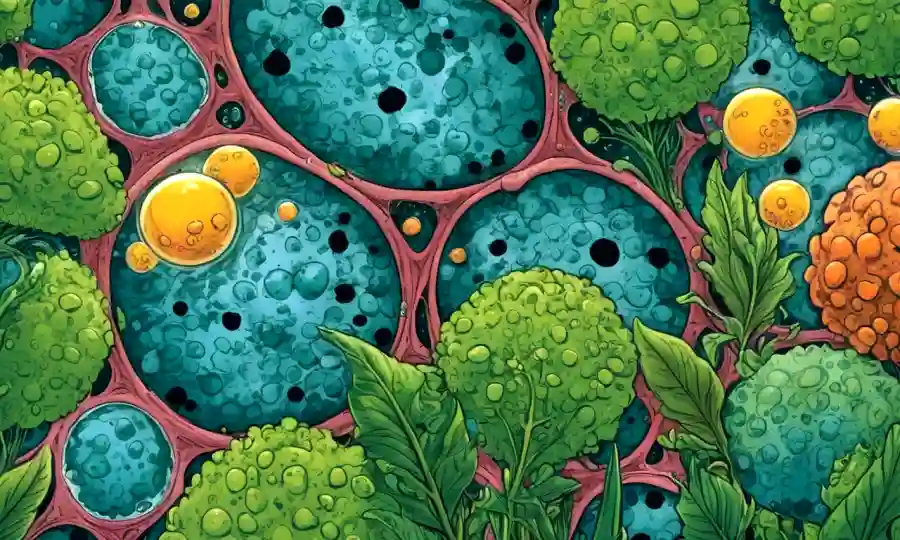 Microorganismos creciendo dentro de las células vegetales en medio de contaminantes en el aire.