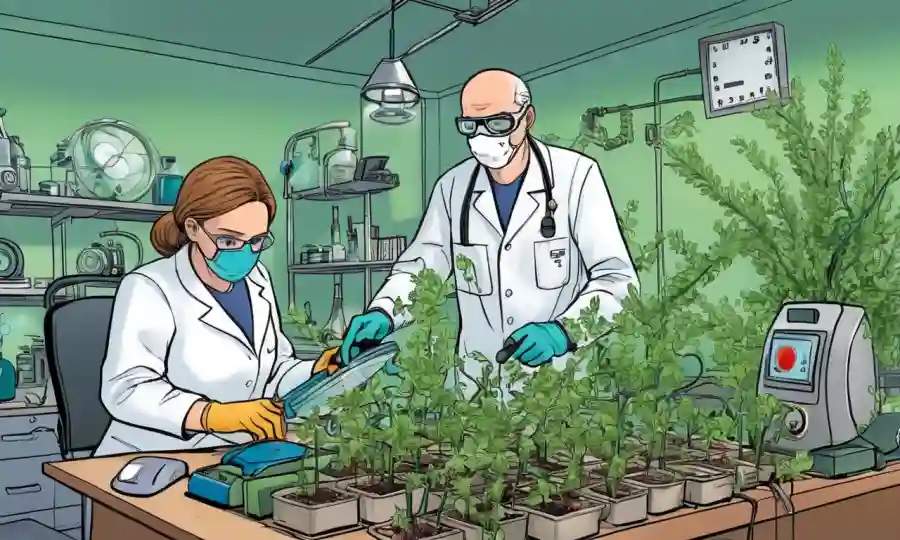 Un científico que estudia microorganismos en plantas con equipos de monitoreo de calidad del aire.