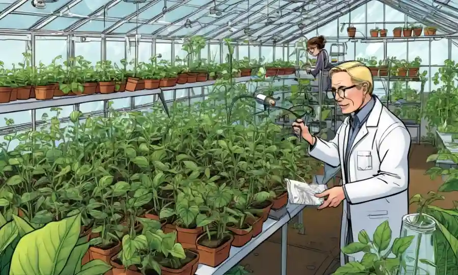 Investigadores que estudian interacciones vegetales en un entorno de invernadero o laboratorio.
