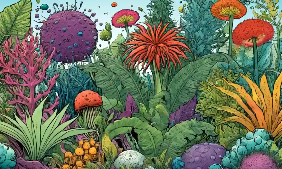 Plantas coloridas rodeadas de microorganismos beneficiosos e ilustraciones de beneficios de tolerancia al estrés.