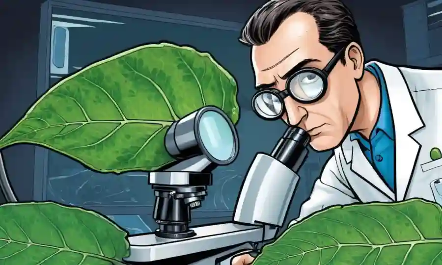 Un científico que examina microorganismos dentro de una hoja de planta bajo un microscopio.