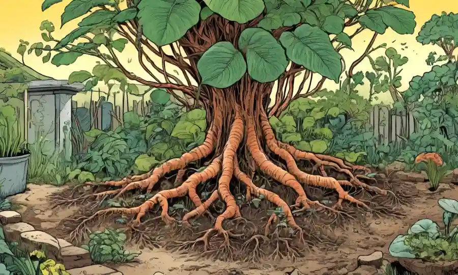 Microorganismos interactuando con las raíces vegetales en un entorno de jardín.