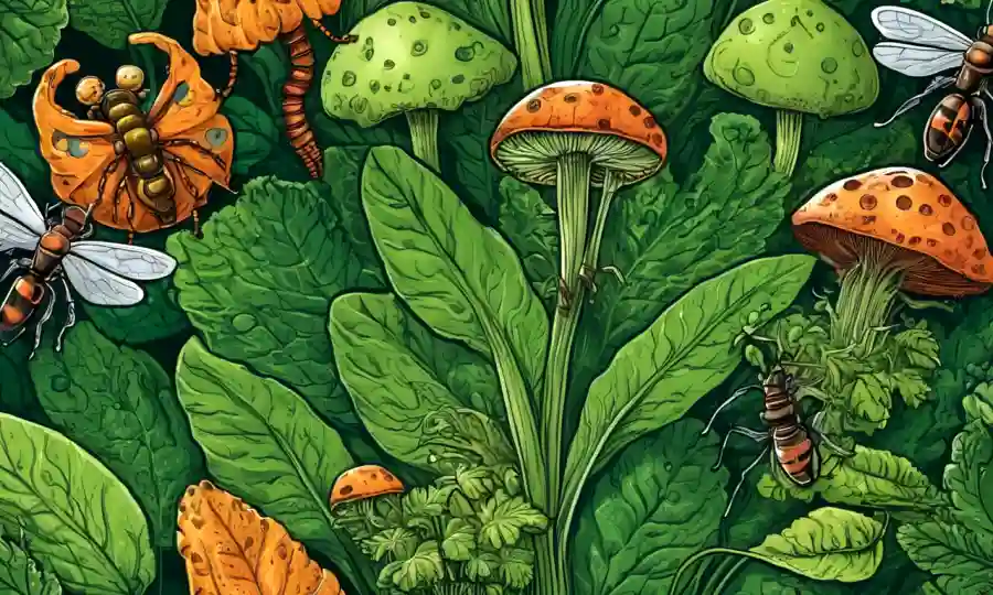 Plantas verdes sordas con insectos o hongos unidos