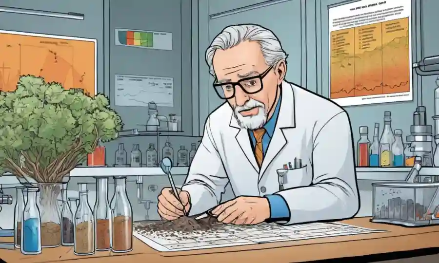 Científico que estudia muestras de suelo en laboratorio, rodeado de gráficos e ilustraciones de datos.