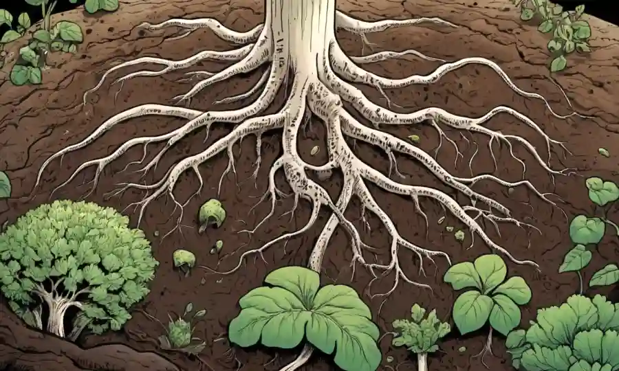 Microorganismos que rodean las raíces vegetales en el suelo, destacando los beneficios del mutualismo.