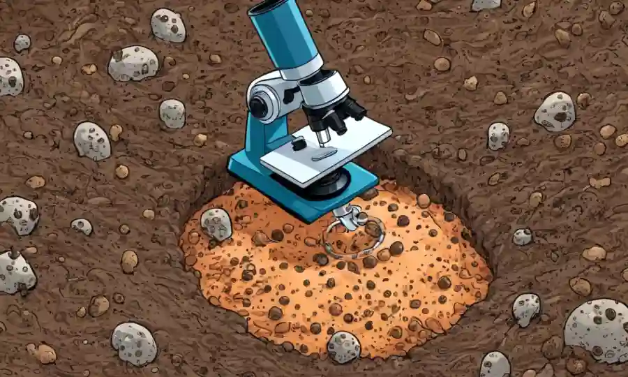 Una imagen de microscopio que muestra microorganismos beneficiosos rodeados de partículas de suelo.