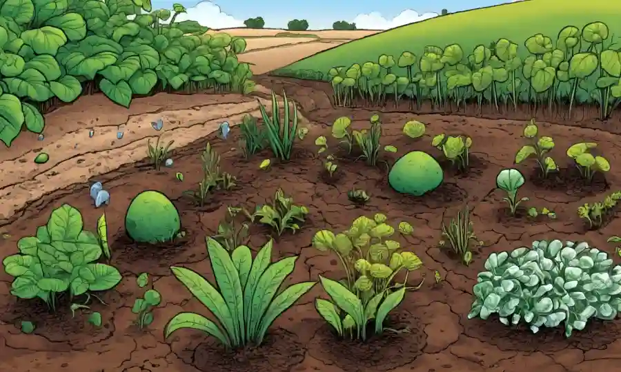 Imagen que muestra plantas rodeadas de suelo con microorganismos, destacando la conexión a la agricultura sostenible y la calidad del suelo.