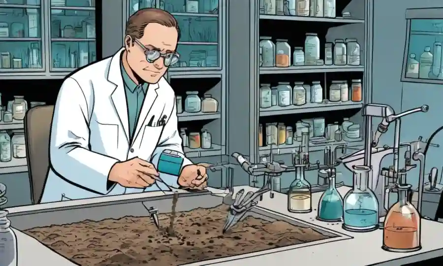 Investigador científico observa muestras de suelo con equipos de laboratorio que rodean.