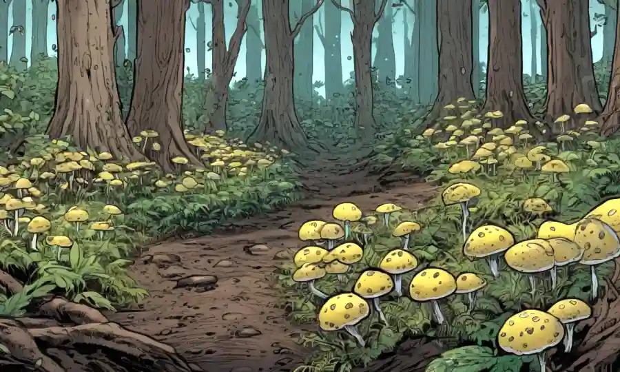 Plantas con esclerocia fúngica dispersadas alrededor de ellos en un bosque denso.