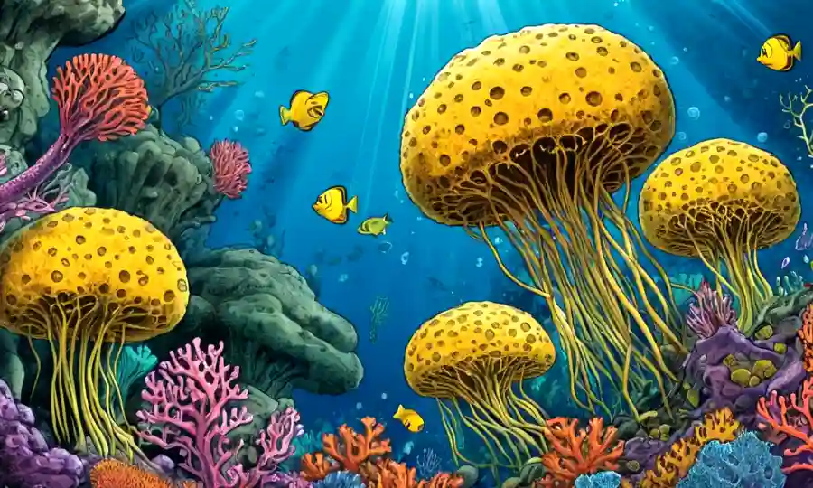 Ilustración científica de esponjas (esclerocios) que prosperan en un ecosistema subacuático.