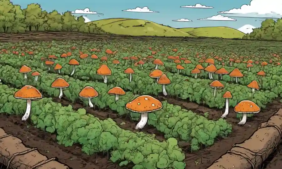 Crecimiento de hongos entre cultivos dañados en un campo, con gráficos y estadísticas alrededor.