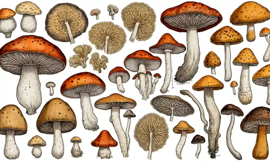 Ilustraciones científicas de varias especies de hongos formando esclerotia.
