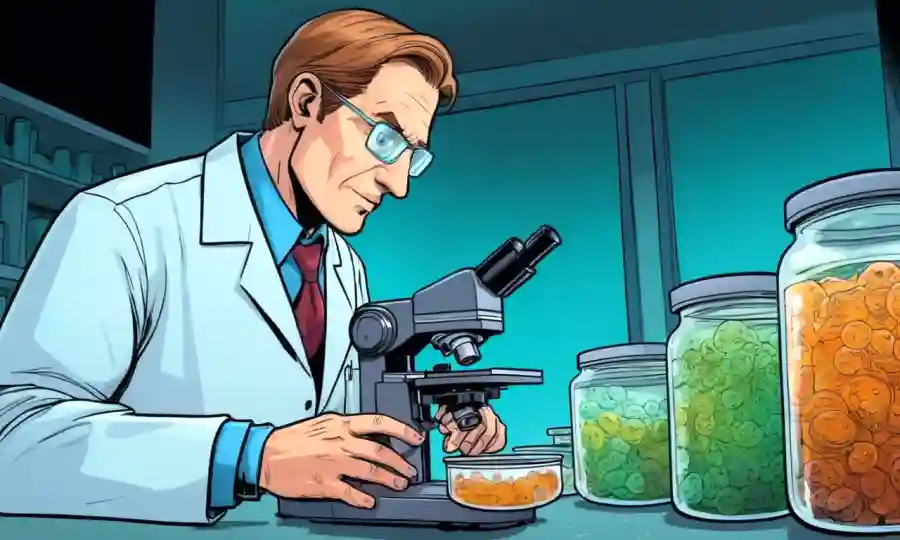 Científicos que estudian platos petri con cultura de hongos bajo microscopio.