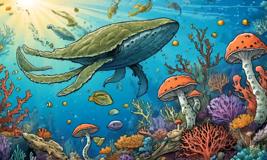 hongos marinos influenciando ecosistemas oceánicos en medio de arrecifes de coral y vida marina.