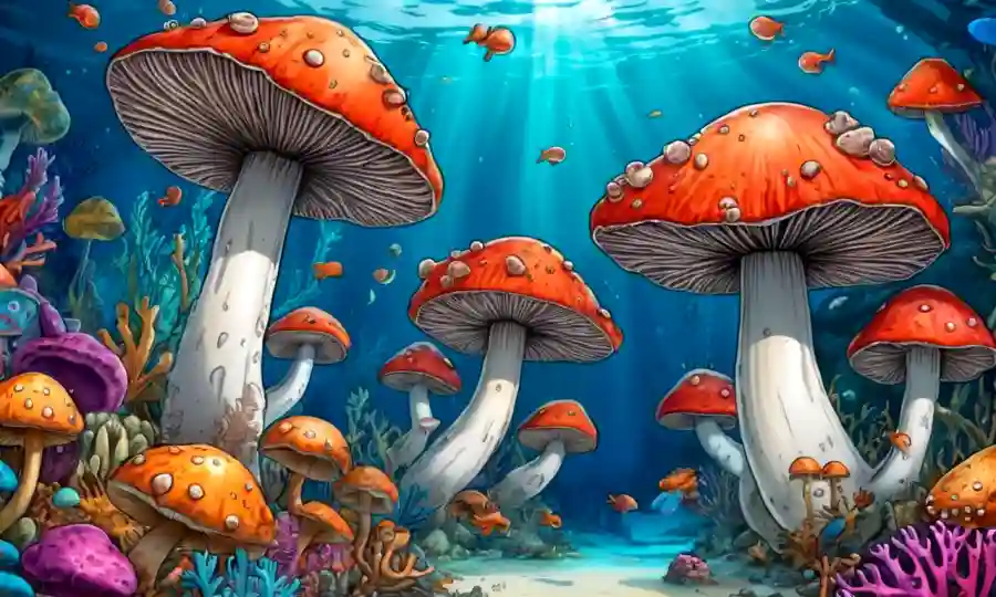 Setas creciendo bajo el agua en medio de la vida marina colorida en arrecifes de coral.