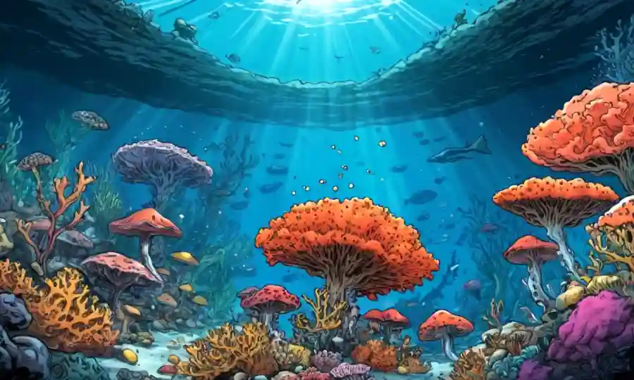 Vista subacuática de los arrecifes de coral afectados por el crecimiento de hongos.