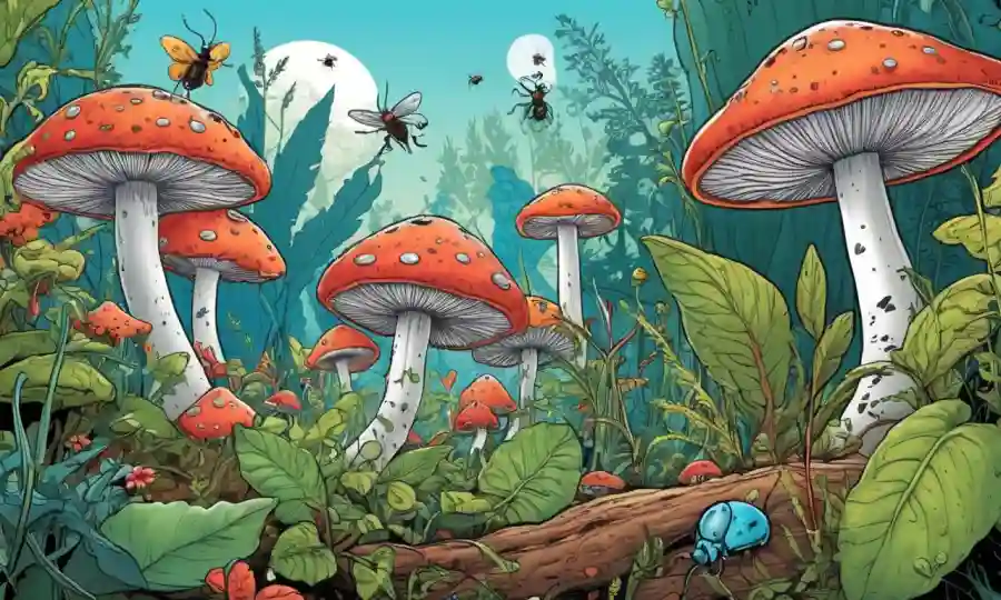 Crecimiento de hongos entre plantas con insectos y microorganismos en un ecosistema vibrante.