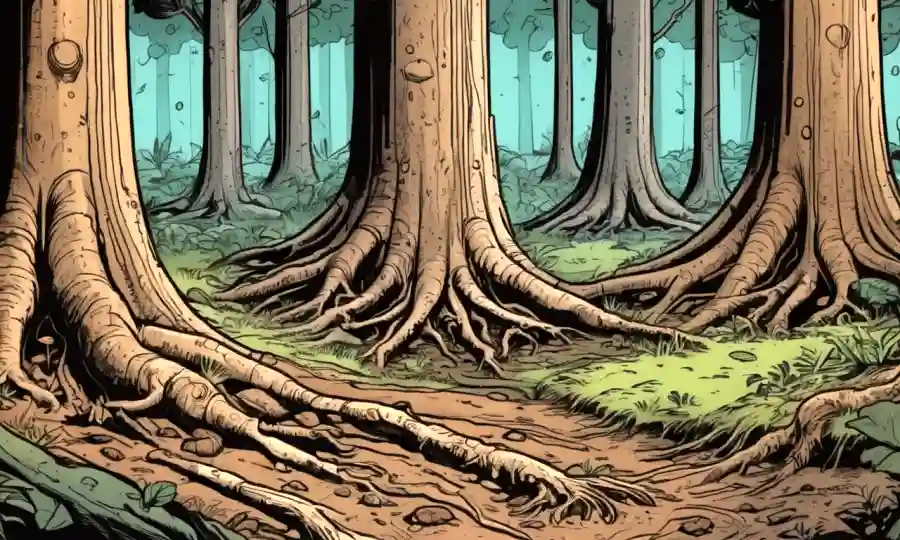 Escena de planta forestal mostrando hongos que conectan las raíces de los árboles con un fondo de tono terrenal que representa el ciclo ecológico.