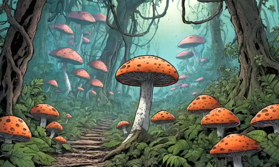 Una red fúngica que crece entre plantas en un bosque, simbolizando la simbiosis.