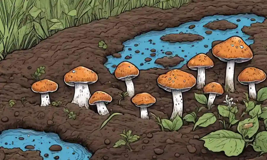 Ilustración de hongos en el suelo, destacando su papel en el ciclismo de nutrientes y la retención de agua.