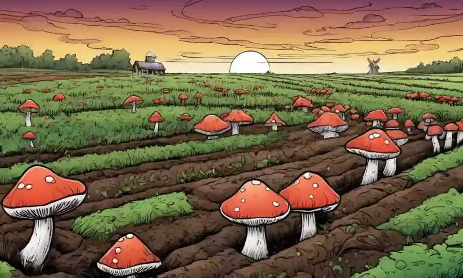 Setas creciendo en medio del suelo con un fondo de campos o plantas agrícolas.