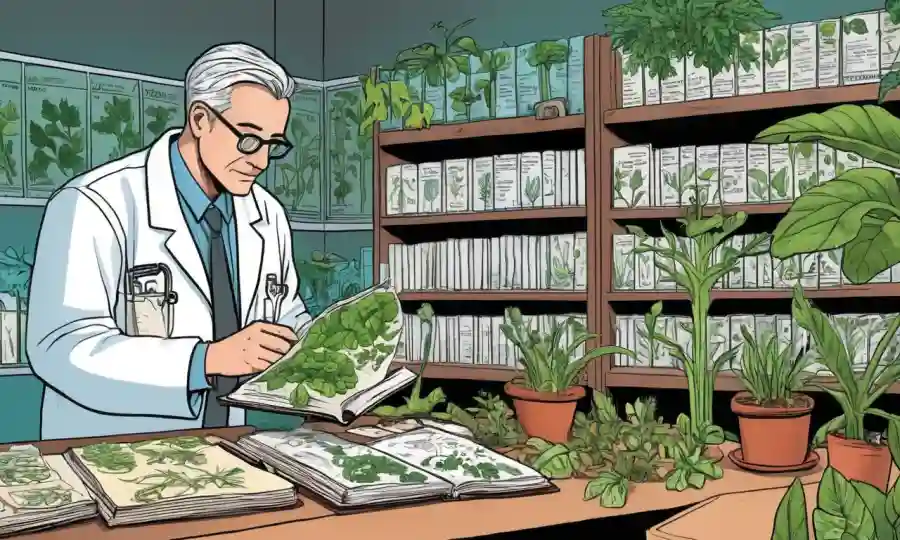 Científico examinando especímenes de plantas con etiquetas y libros de clasificación cercanos.