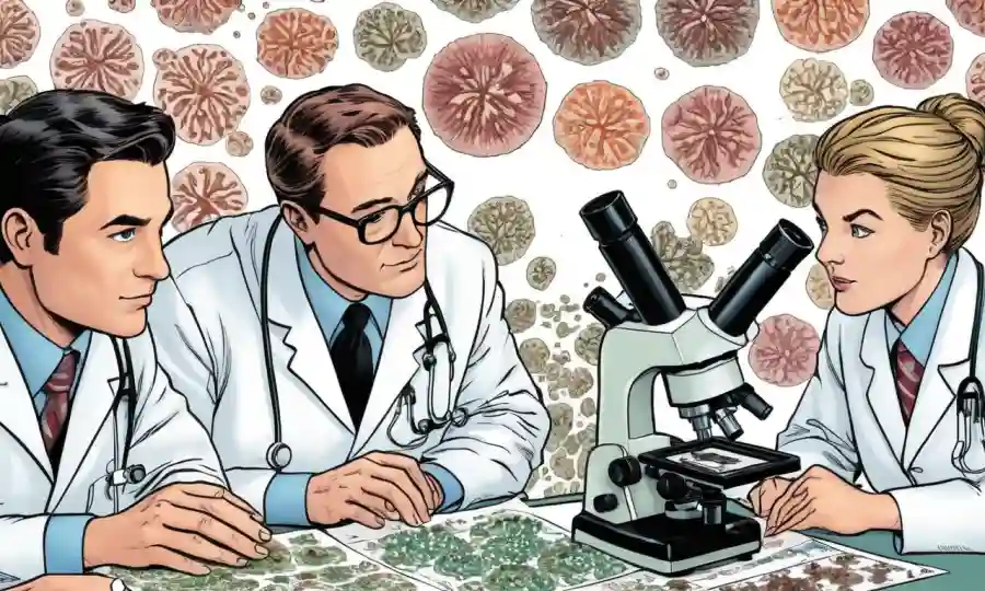 Profesionales médicos que examinan diapositivas de muestra bajo microscopios en medio de gráficos de crecimiento fúngico.