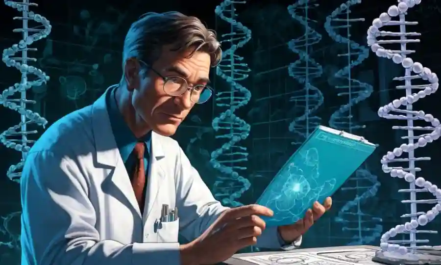 Científico que examina muestras y diagramas de hongos con un fondo sutil de helix de ADN.