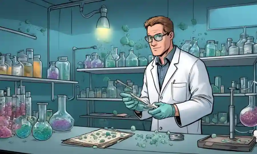 Un biólogo en un laboratorio guardando esclerocistos fúngicos con notas precisas cercanas.