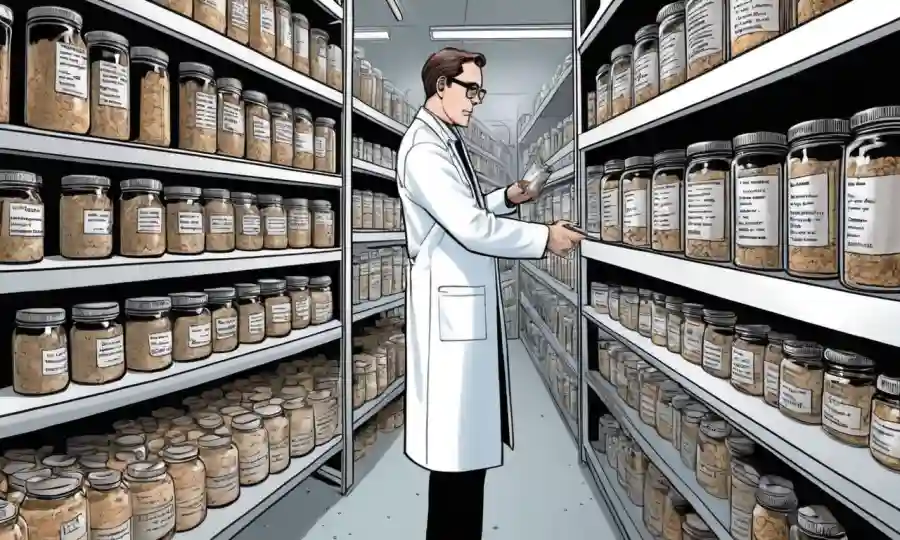 Científico que estudia esclerocia conservada en estantes con etiquetas y notas.