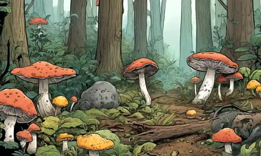 Varias especies de hongos que descomponen materia orgánica en un ecosistema forestal.